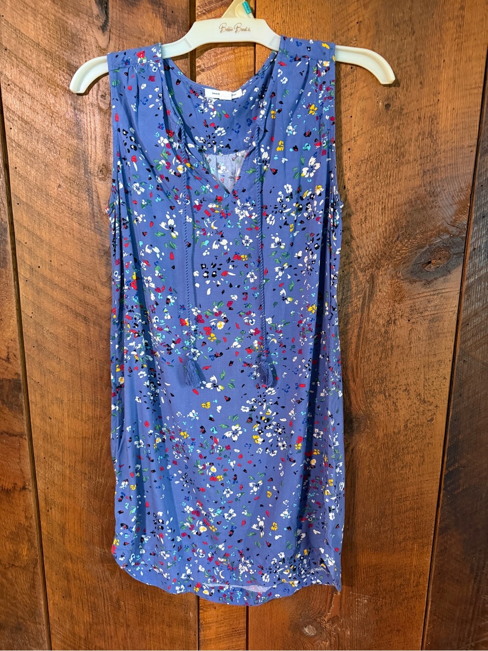 Beach Lunch Lounge Wildflower Blue Boho Shift Dress Small Split Neck Tassel